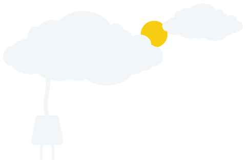 Dibujo de nubes y sol con un enchufe que cuelga de una nube